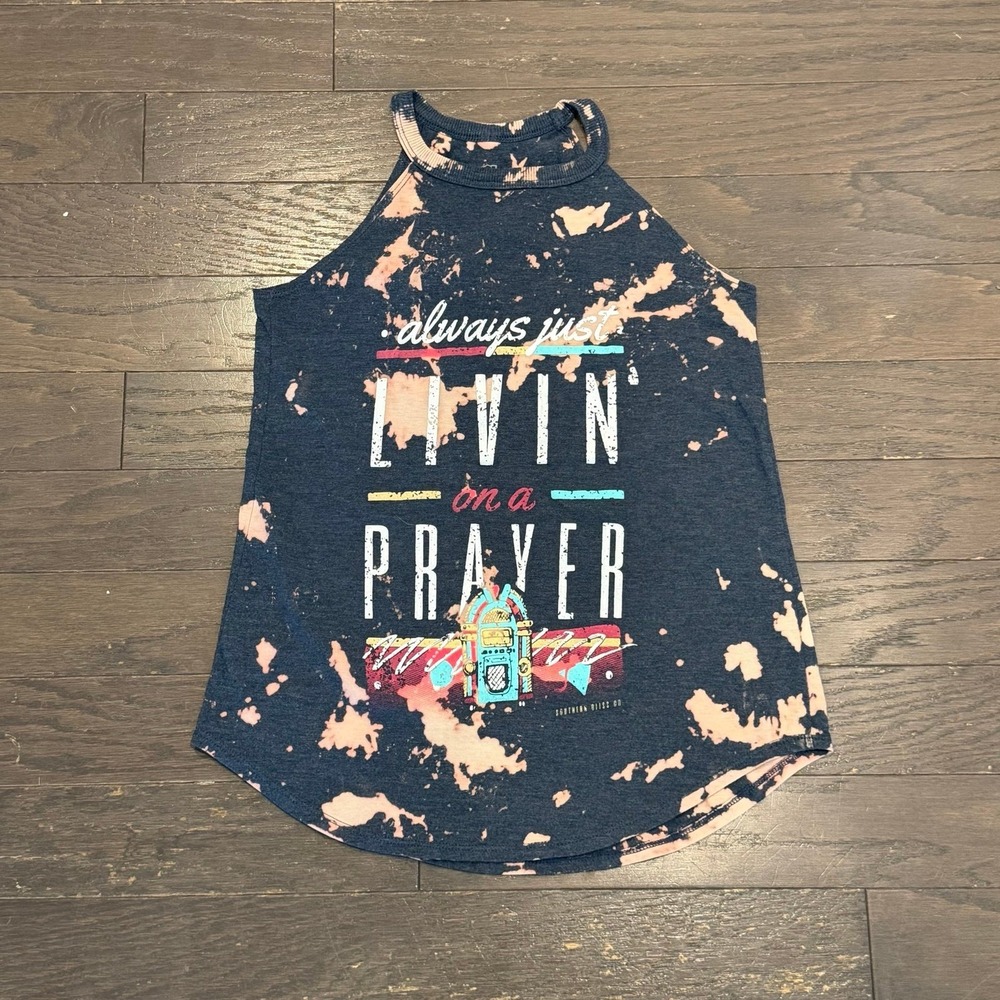 Southern Bliss Livin on a‎ Prayer Bleached Graphic Tank Top Navy Blue Small